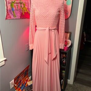 American Vintage Pink Pleated Maxi Gown with Long Bishop Sleeves
